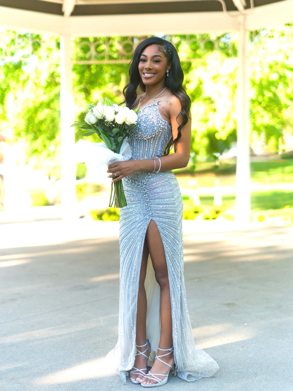 Elegant Silver Beaded Evening Gown with High Slit